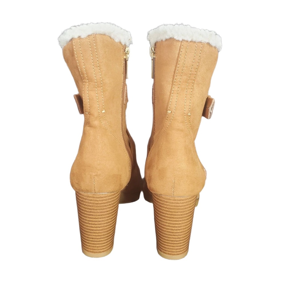 12 Thompson Tania Faux Shearling Multi Strap Buckle Chunky Heel Boots Tan 9 - Picture 9 of 14